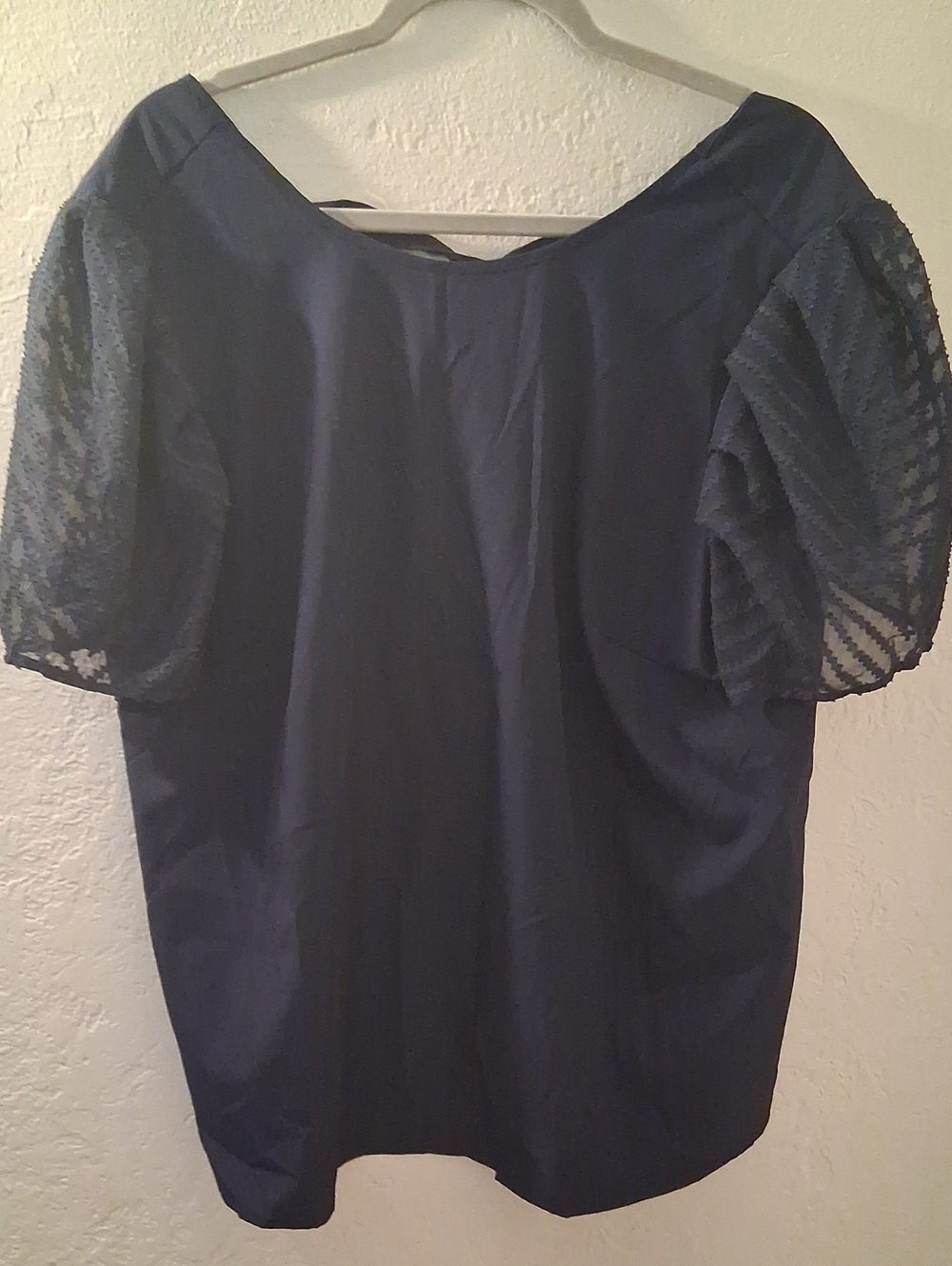 Navy Puff Sleeve Women's Top lightweight, lace sleeves Tie in the back